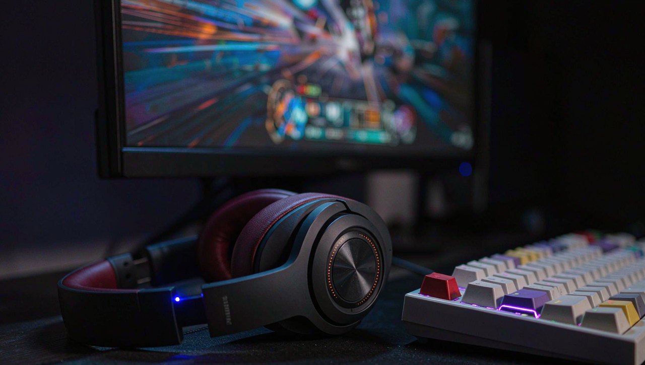 A gaming desk at night with a Bluetooth over-ear headset resting beside a keyboard and monitor showing a blurred game scene