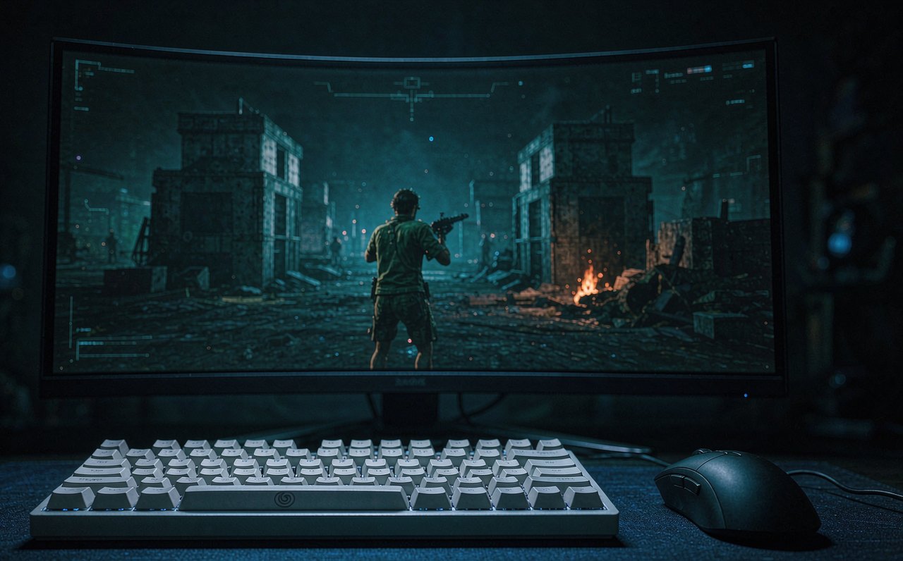 A competitive first-person shooter match mid-round on a wide monitor in a dim room, with a mechanical keyboard and gaming mouse in the foreground