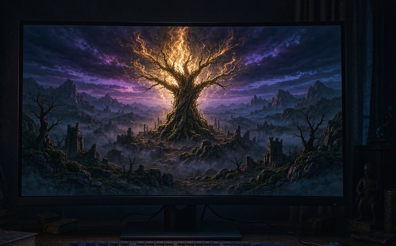 A dark fantasy open-world landscape with a distant golden tree silhouetted against misty hills on a gaming monitor