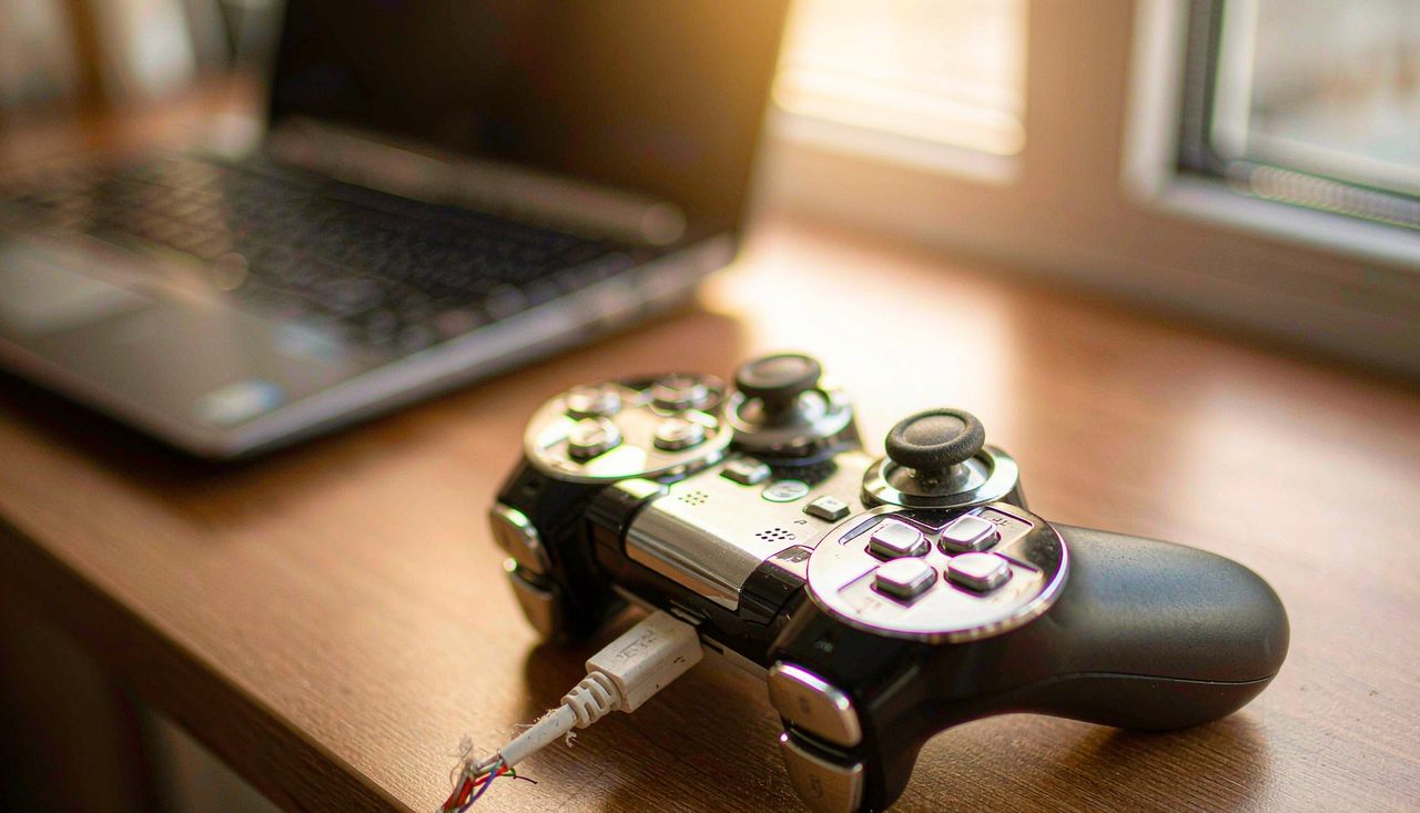 A wired gamepad controller with a frayed USB cable plugged in, lying on a wooden desk next to a laptop