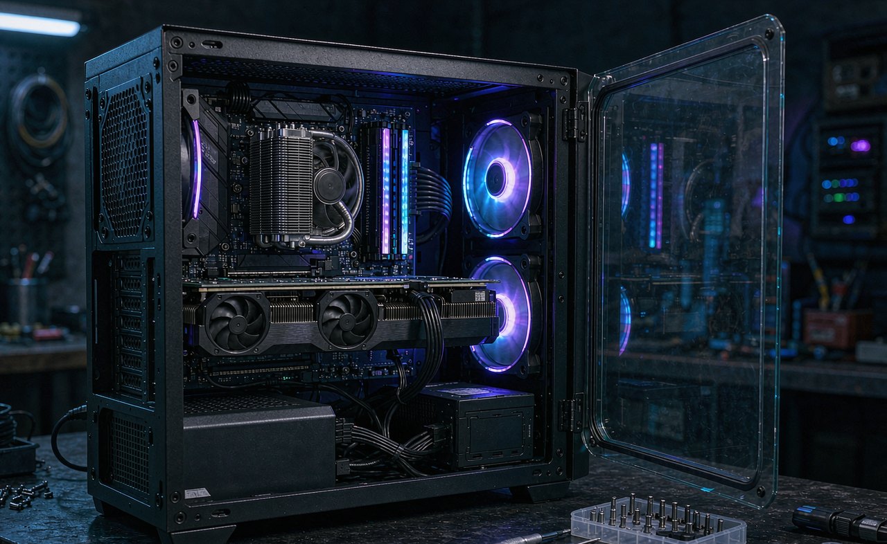 The interior of a gaming desktop PC with an open glass side panel showing a graphics card and SSDs
