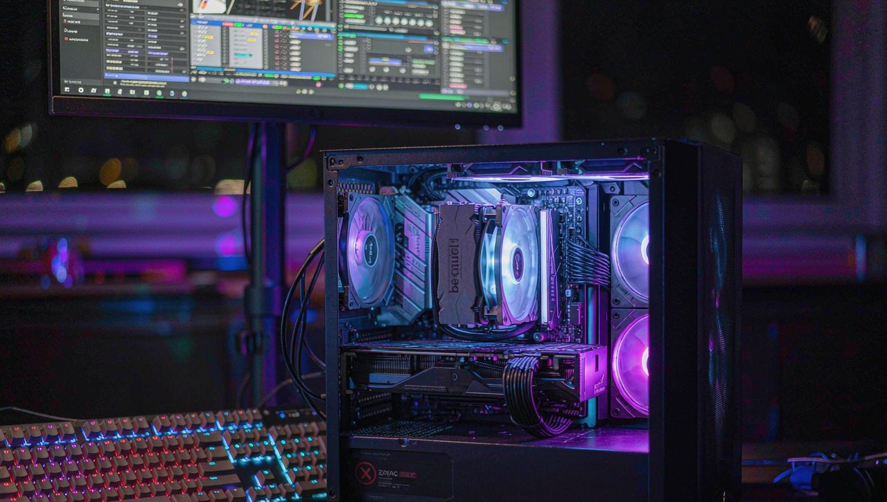 A gaming desk at night with an open PC side panel, a screwdriver resting on the case, and an RGB-lit keyboard and monitor glowing in a dim room