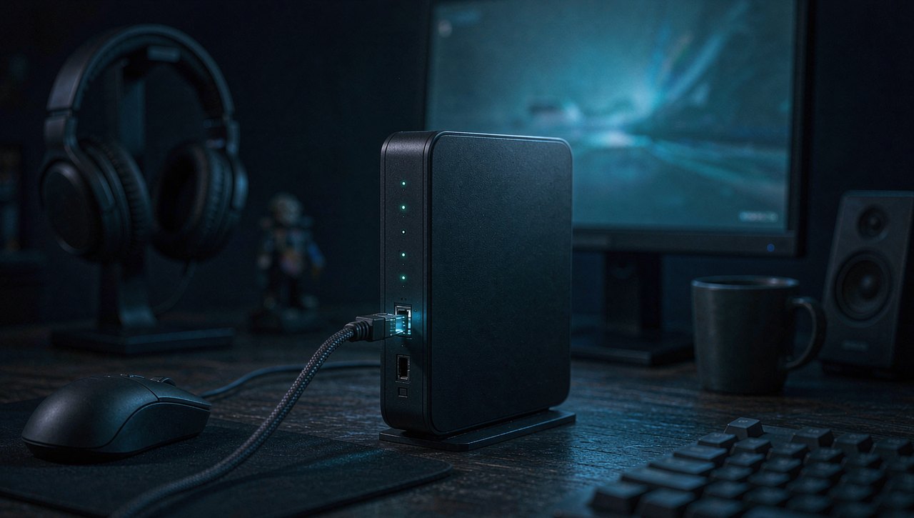 A gaming desk at night with an ethernet cable plugged into a router glowing with activity lights, realistic photo style