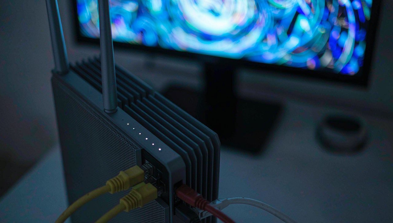 A gaming router with ethernet cables and glowing status lights on a desk at night