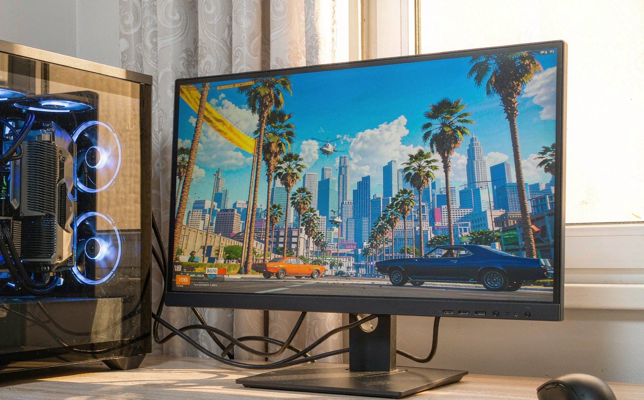 A PC gaming setup showing a Los Santos-inspired sunny city skyline on screen, with a graphics settings menu overlay and an FPS counter
