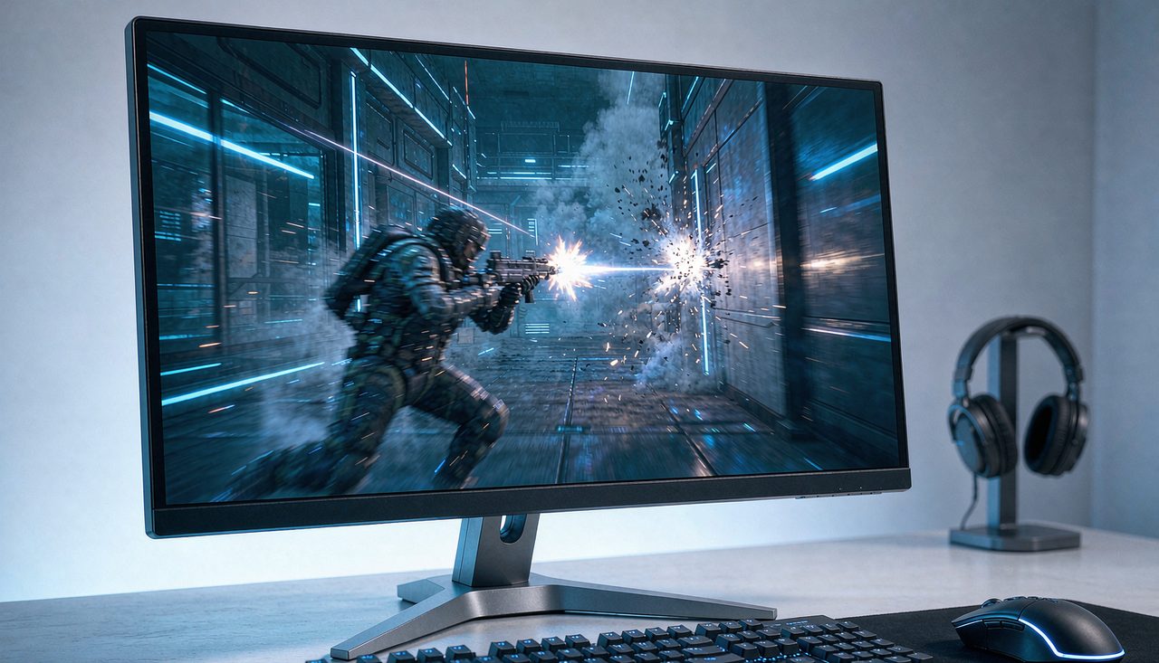 A high-refresh esports monitor on a minimal desk showing a fast-motion shooter scene with motion clarity, cool blue lighting
