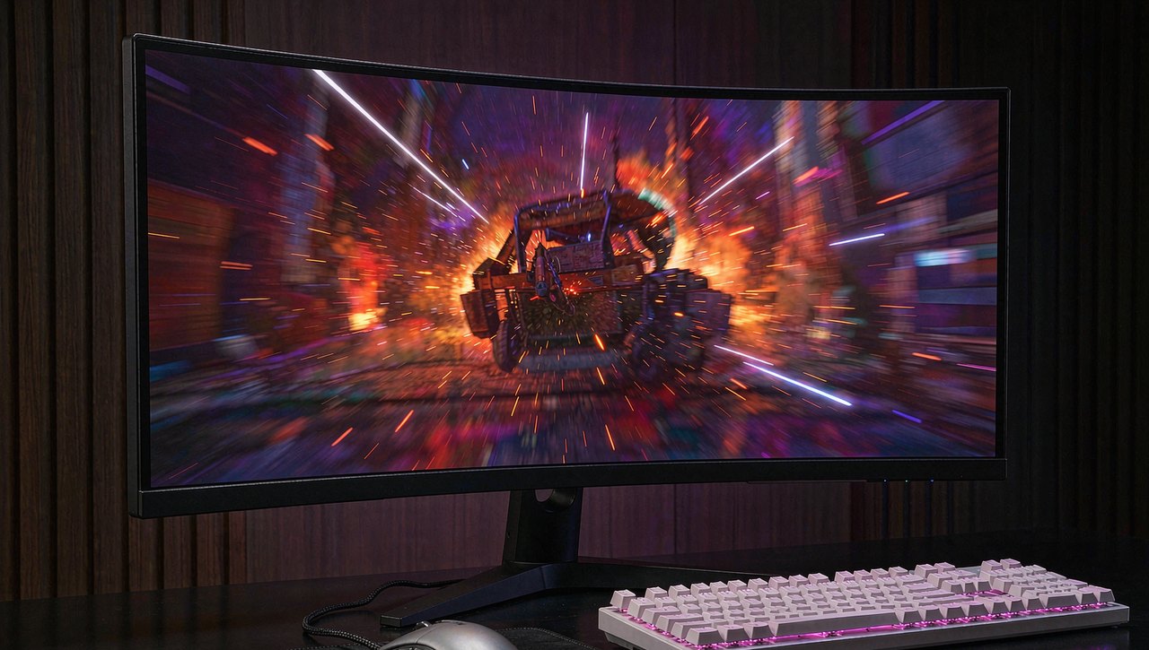 A competitive gaming setup with a monitor showing a stylized abstract tactical scene in cool tones, keyboard and mouse in frame, realistic photo style